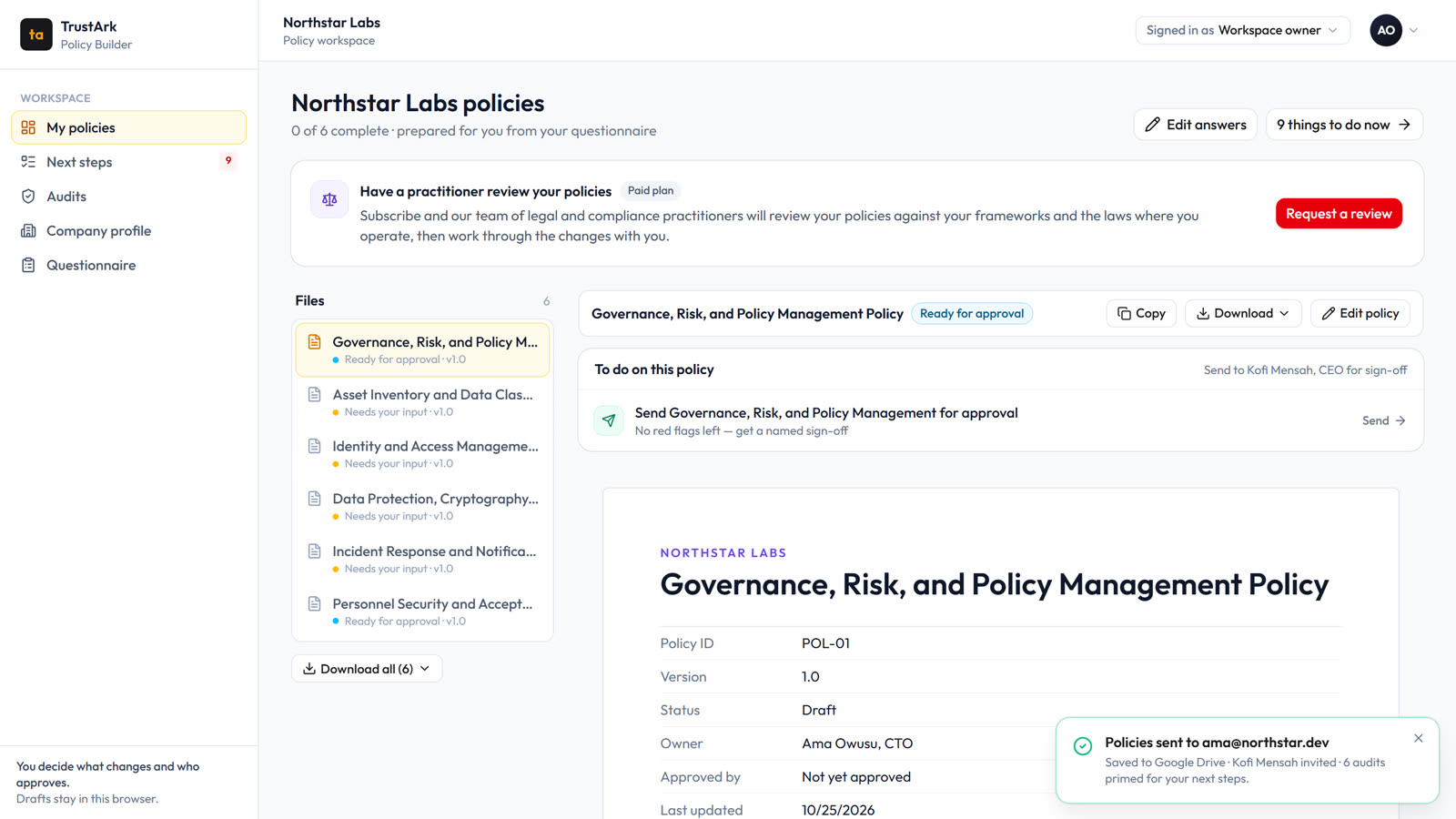 Policy Builder showing six finished policies, with one open and ready to download.