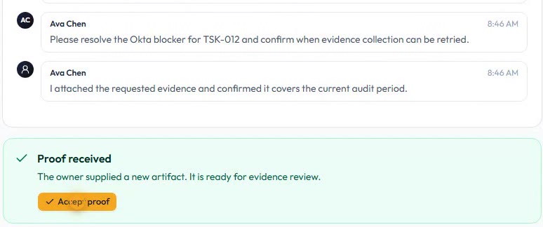 Owner follow-up thread where the responsible person supplies evidence and proof is received.