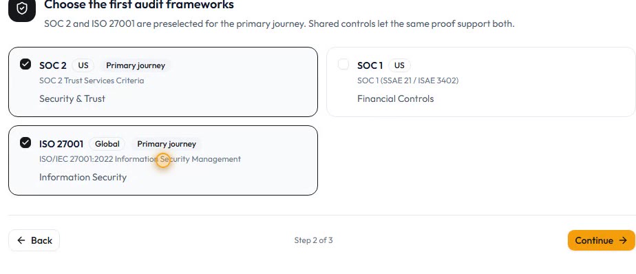 Framework selection showing SOC 2 and ISO 27001 chosen for the primary journey.